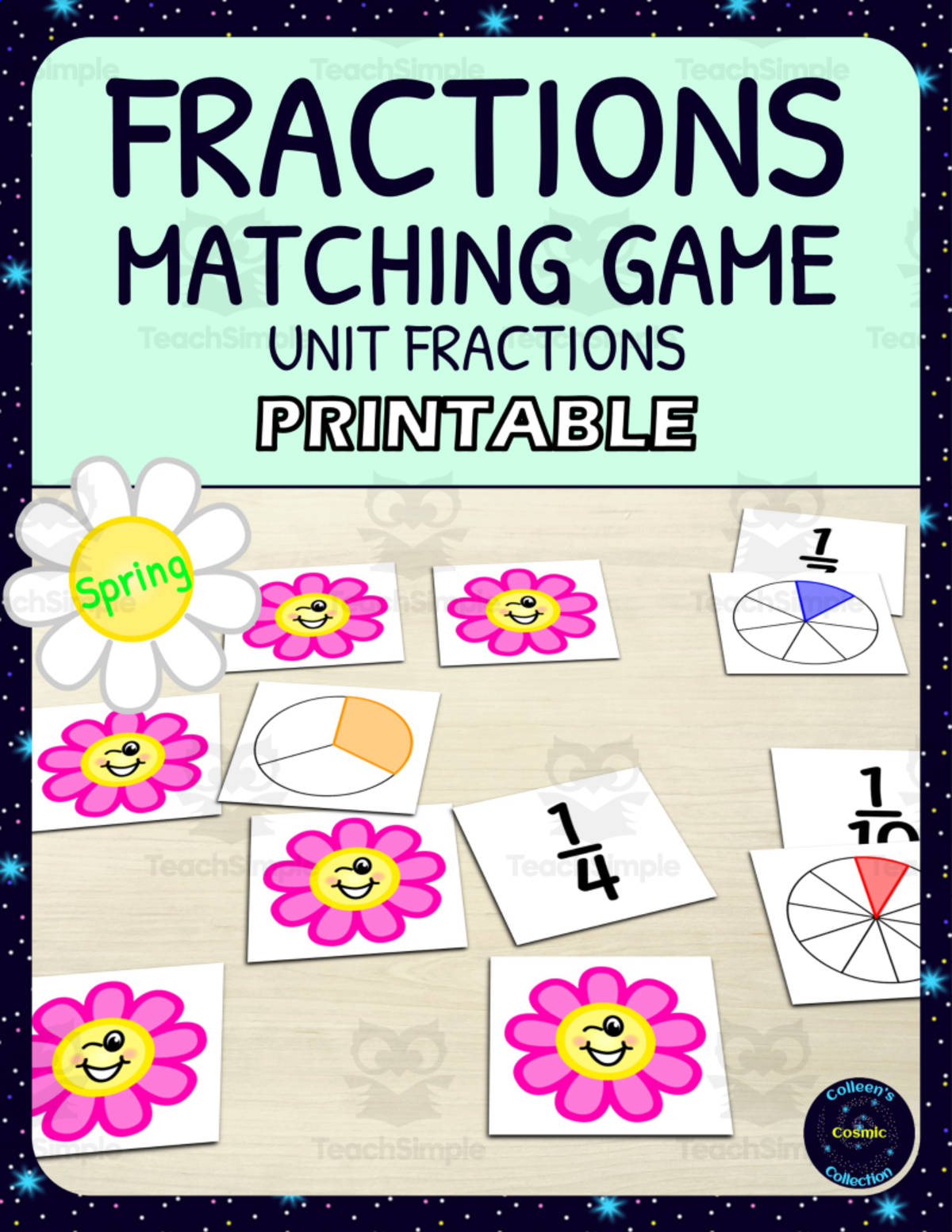 An educational teaching resource from Colleen's Cosmic Collection entitled Spring Unit Fractions Matching Game Activity - Printable downloadable at Teach Simple.