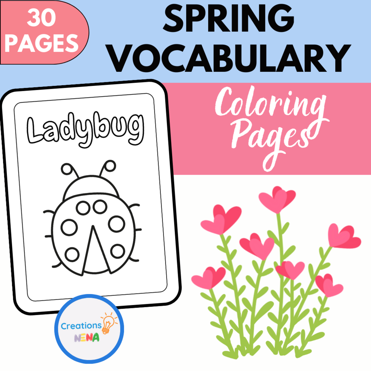 An educational teaching resource from Nena Creations entitled Spring Vocabulary Coloring Sheets. downloadable at Teach Simple.