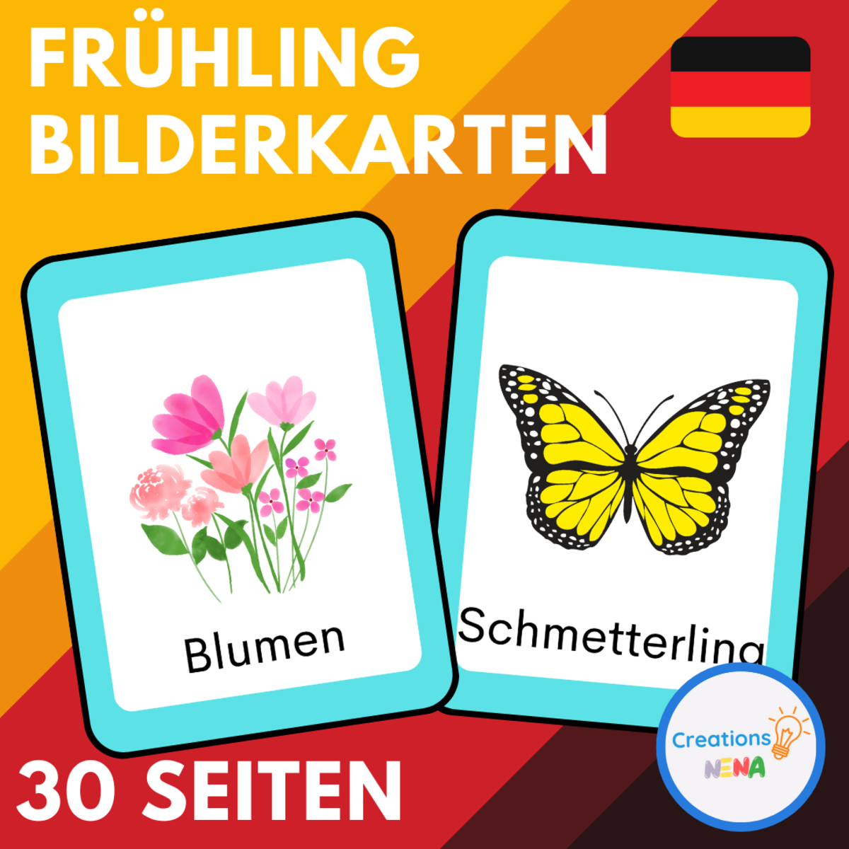 An educational teaching resource from Nena Creations entitled Spring Vocabulary in German ( Frühling Bilderkarten ) downloadable at Teach Simple.