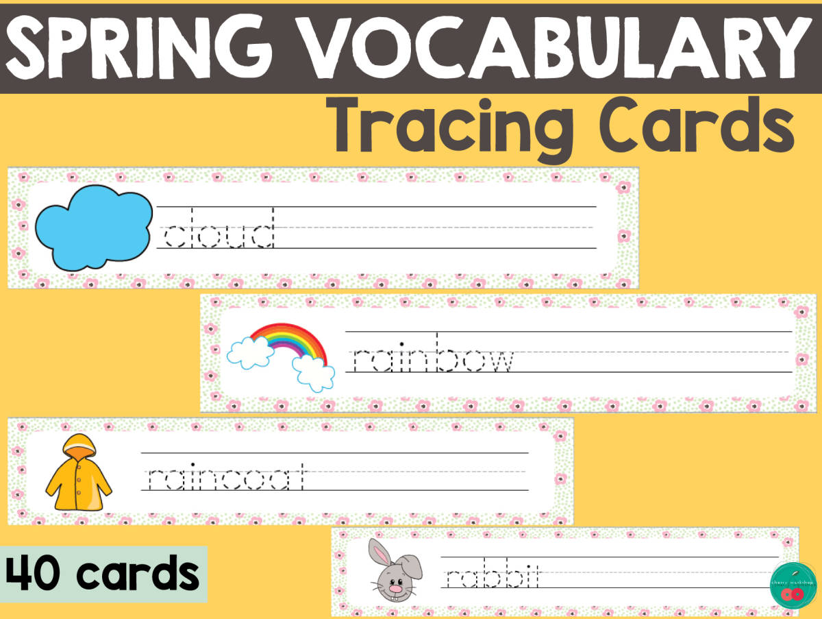 An educational teaching resource from Cherry Workshop entitled Spring Vocabulary Tracing Cards downloadable at Teach Simple.