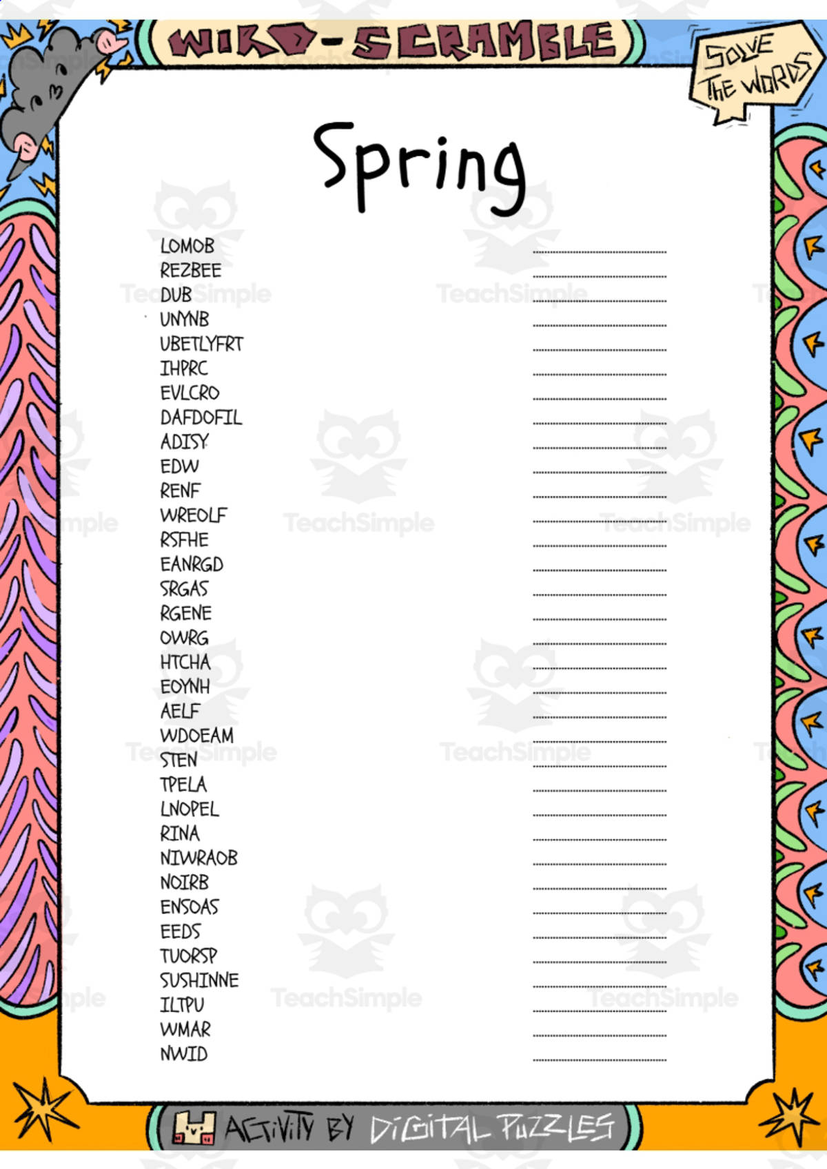 An educational teaching resource from Lapiiin Art Activities entitled Spring word Scramble puzzle worksheet downloadable at Teach Simple.