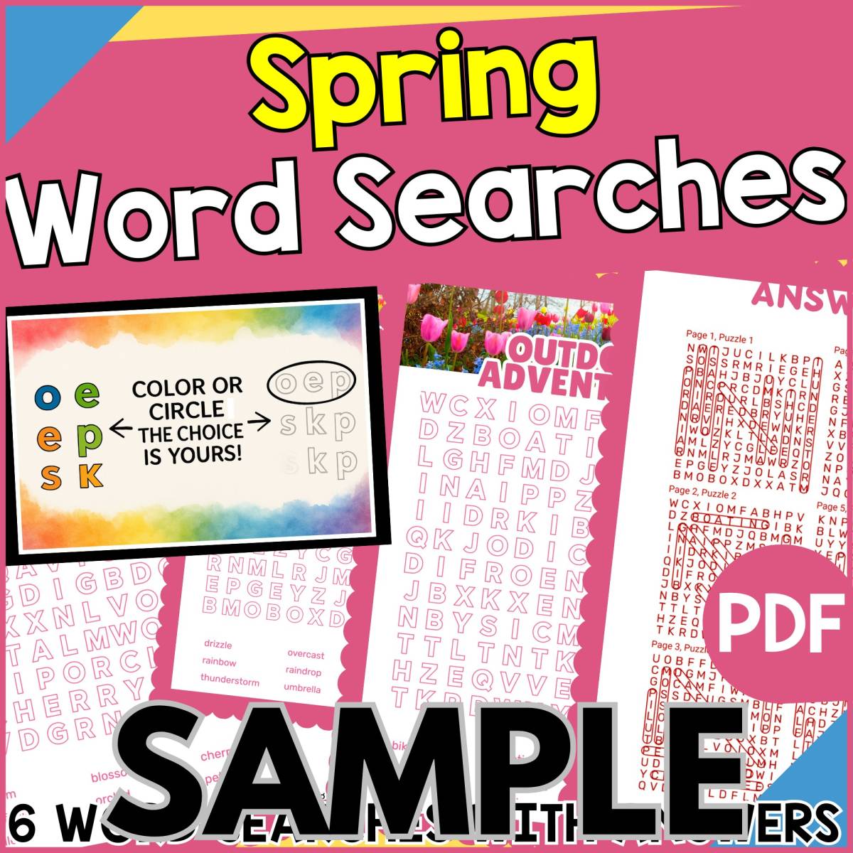 An educational teaching resource from Cored Education entitled Spring Word Searches: 1 Page Sample (PDF) downloadable at Teach Simple.
