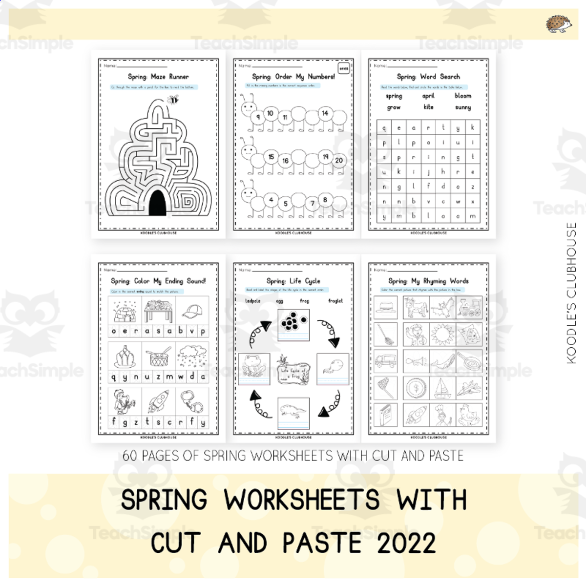 An educational teaching resource from Koodles Clubhouse entitled Spring Worksheets – Cut and Paste Activity Set downloadable at Teach Simple.
