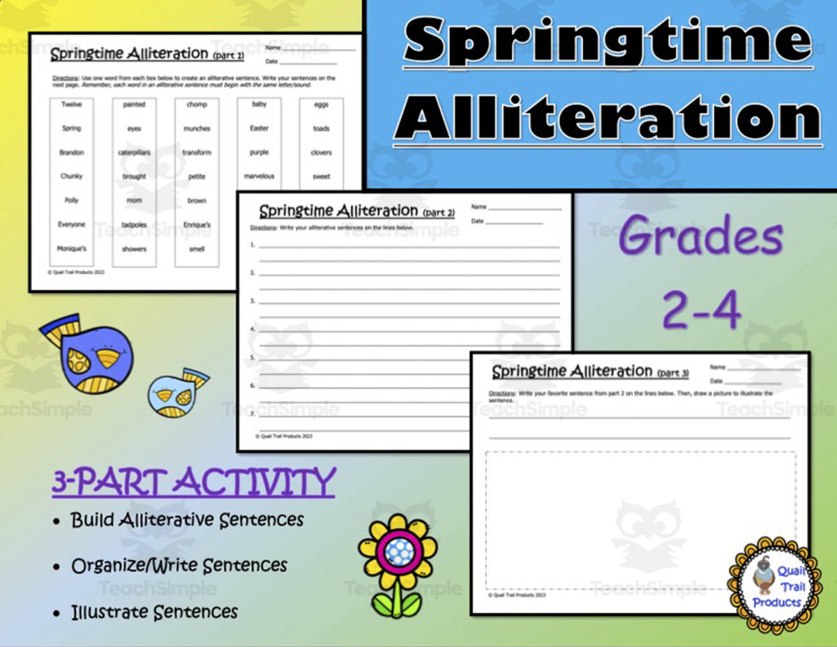 An educational teaching resource from Quail Trail Products entitled Springtime Alliteration Worksheets downloadable at Teach Simple.