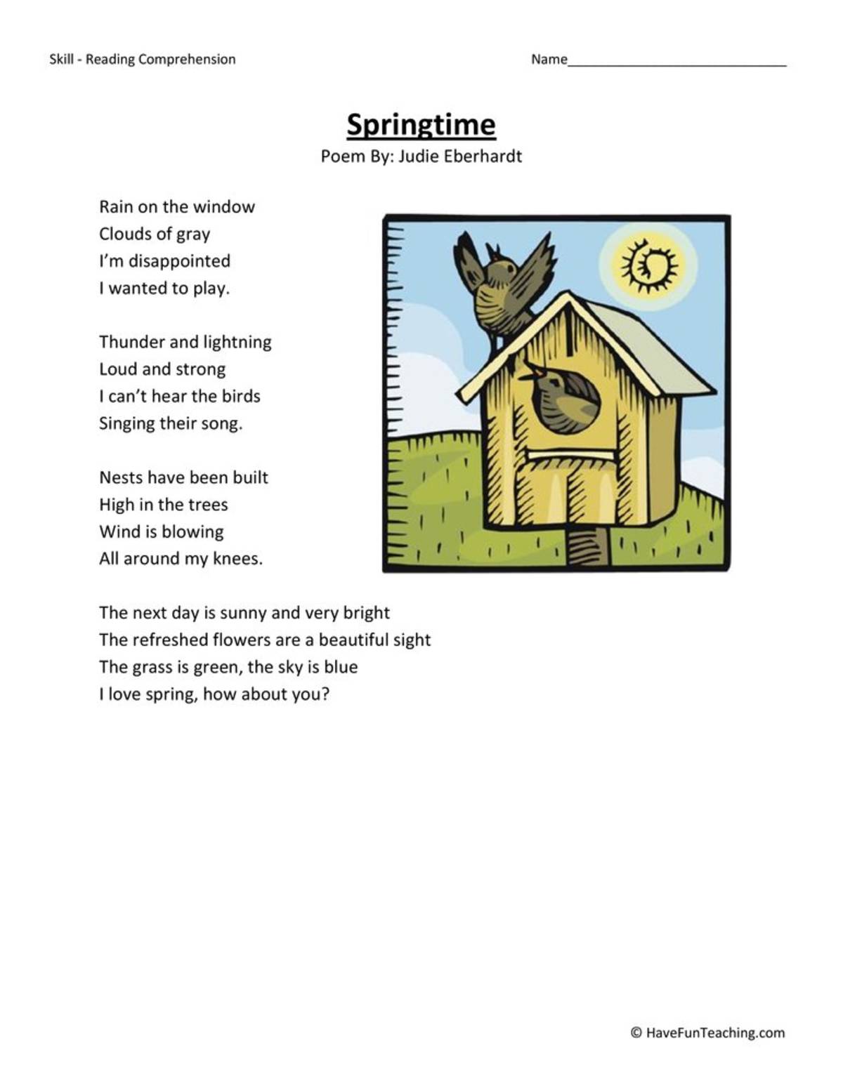 An educational teaching resource from Have Fun Teaching entitled Springtime Reading Comprehension Worksheet downloadable at Teach Simple.
