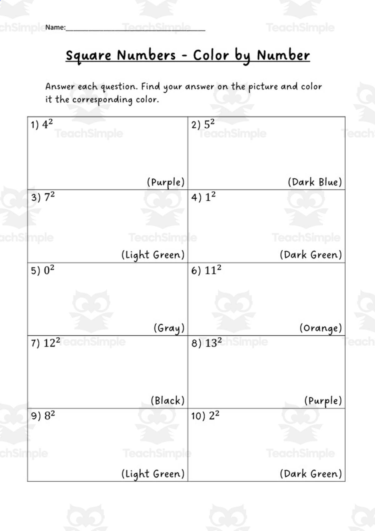 An educational teaching resource from Mrs. B Secondary Math entitled Square Numbers Color by Number Activity (US) downloadable at Teach Simple.