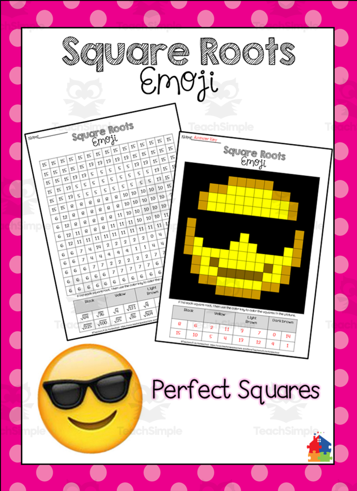 An educational teaching resource from Teachers R Us Homeschool entitled Square Roots Emoji Math Activity downloadable at Teach Simple.