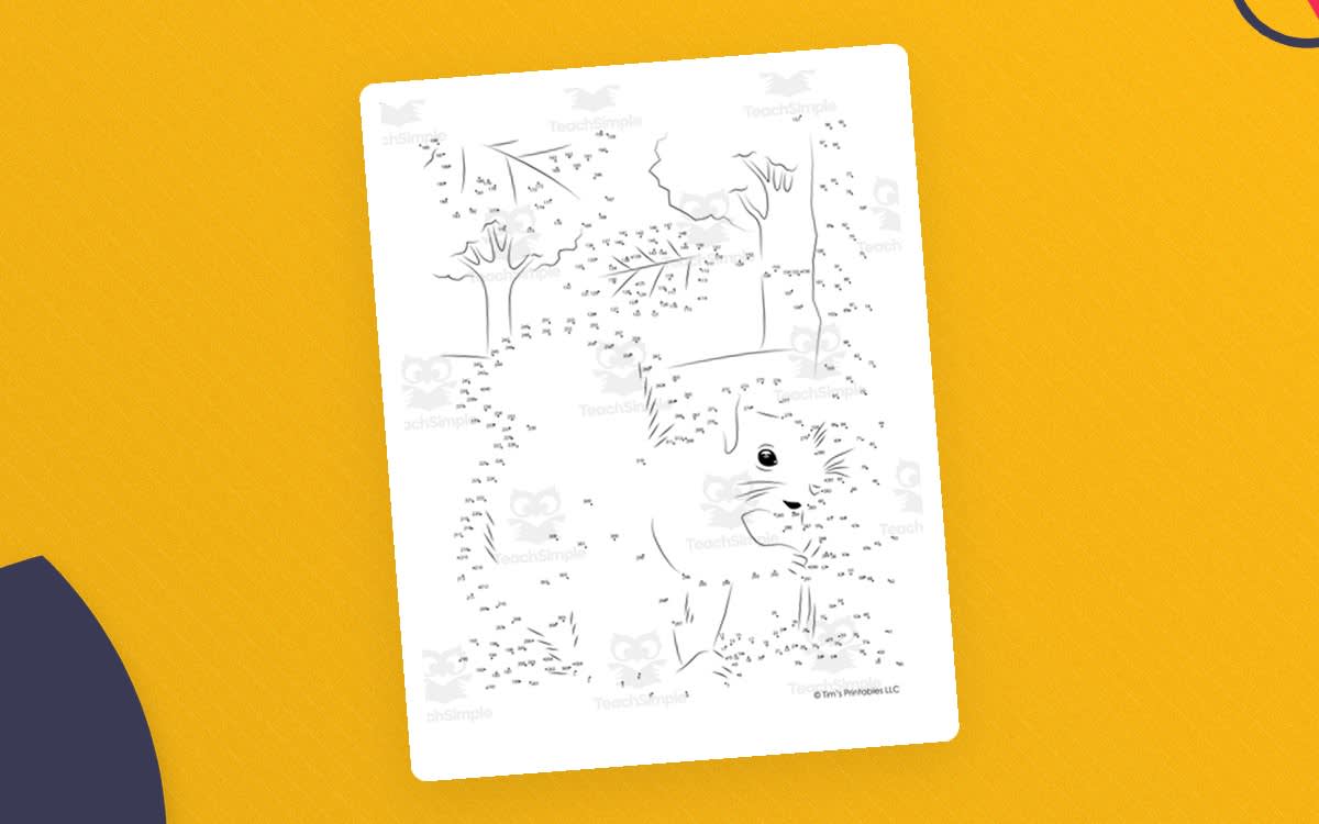An educational teaching resource from Tim's Printables entitled Squirrel Dot-to-Dot / Connect the Dots PDF downloadable at Teach Simple.