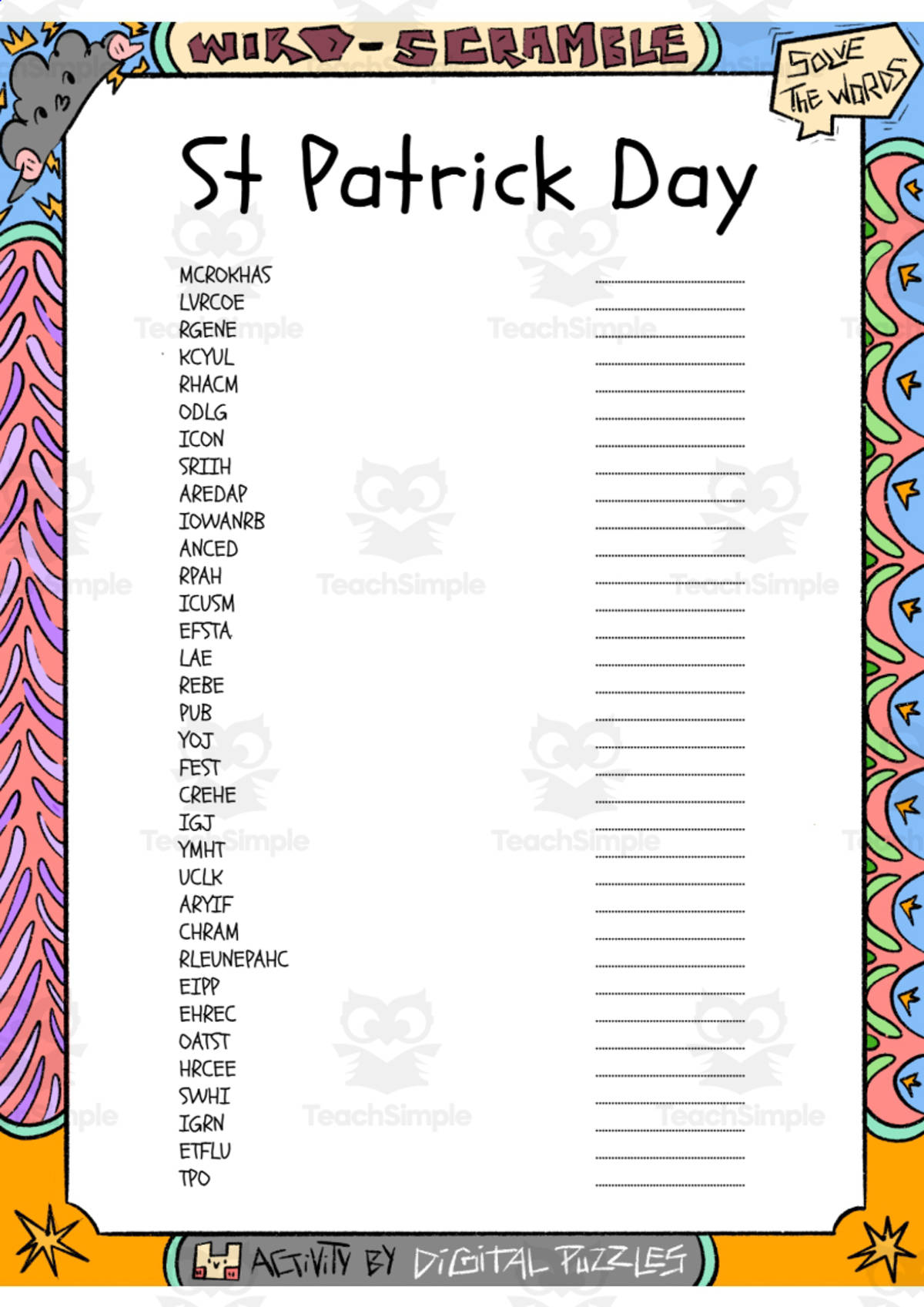 An educational teaching resource from Lapiiin Art Activities entitled St Patrick Day word Scramble puzzle worksheet downloadable at Teach Simple.