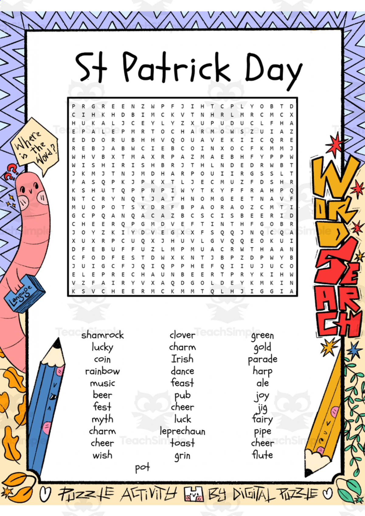 An educational teaching resource from Lapiiin Art Activities entitled St Patrick Day word search puzzle worksheet activity downloadable at Teach Simple.