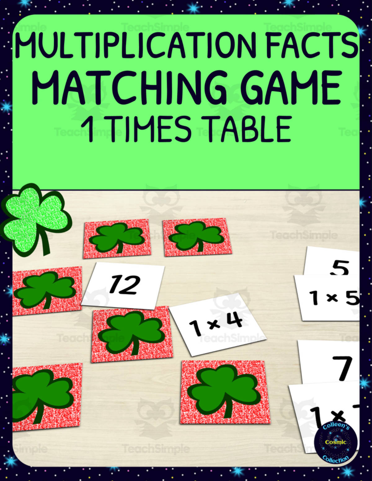 An educational teaching resource from Colleen's Cosmic Collection entitled St Patricks Day 1 Times Table Matching Game - Printable downloadable at Teach Simple.