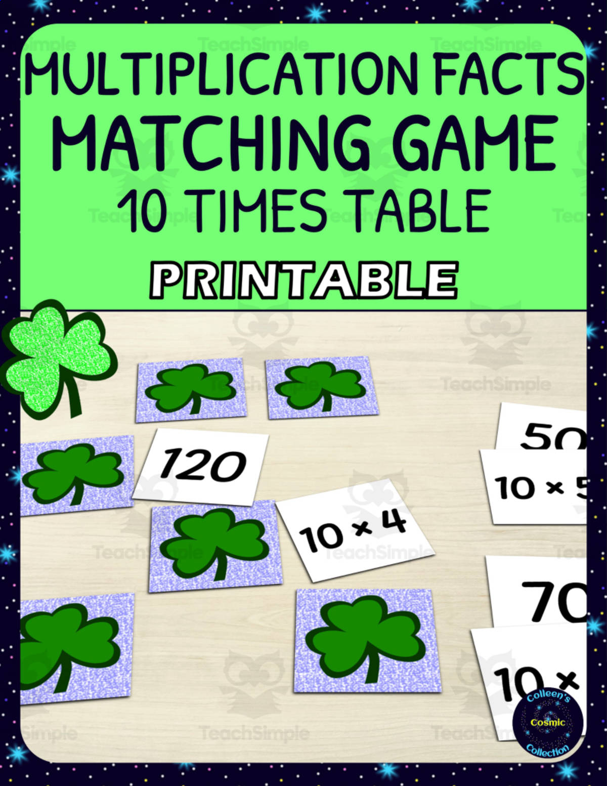 An educational teaching resource from Colleen's Cosmic Collection entitled St Patricks Day 10 Times Table Matching Game - Printable downloadable at Teach Simple.