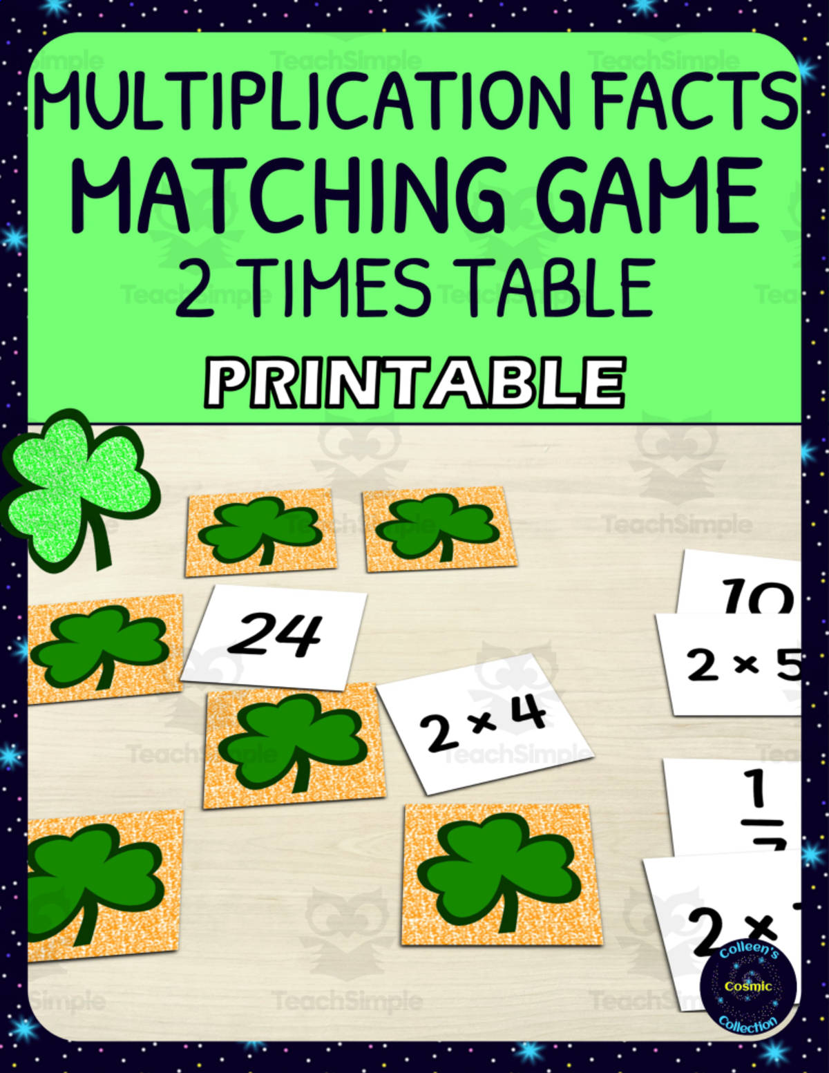 An educational teaching resource from Colleen's Cosmic Collection entitled St Patricks Day 2 Times Table Matching Game - Printable downloadable at Teach Simple.