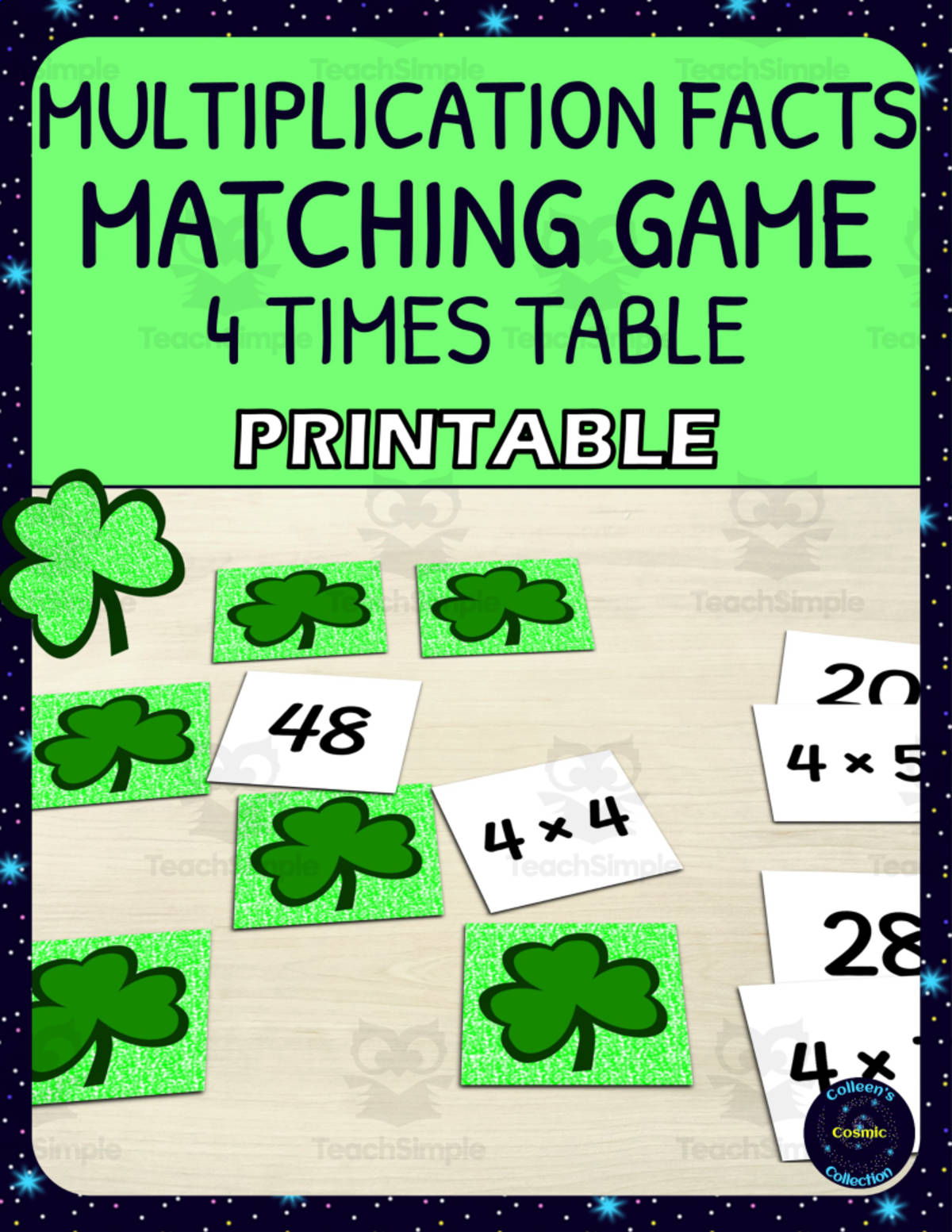 An educational teaching resource from Colleen's Cosmic Collection entitled St Patricks Day 4 Times Table Matching Game - Printable downloadable at Teach Simple.