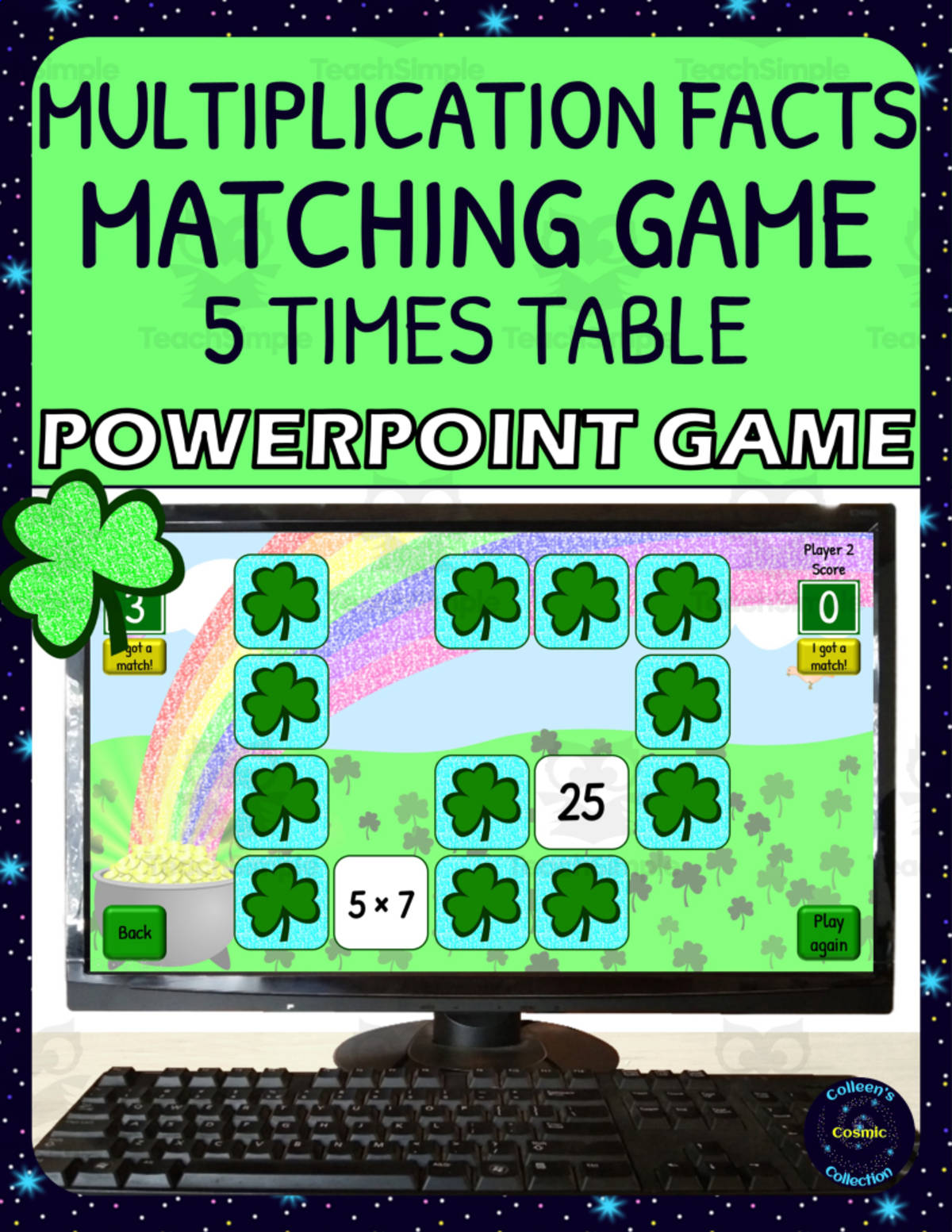 An educational teaching resource from Colleen's Cosmic Collection entitled St Patricks Day 5 Times Table Matching Game - Digital downloadable at Teach Simple.