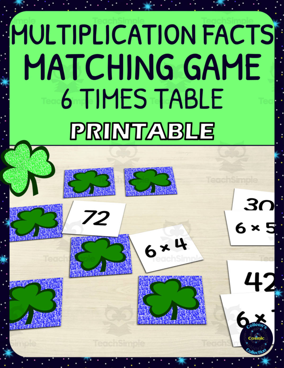 An educational teaching resource from Colleen's Cosmic Collection entitled St Patricks Day 6 Times Table Matching Game - Printable downloadable at Teach Simple.