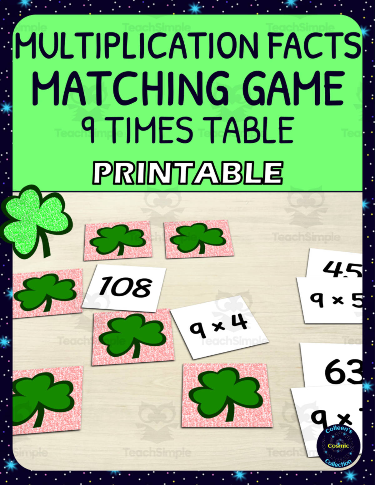 An educational teaching resource from Colleen's Cosmic Collection entitled St Patricks Day 9 Times Table Matching Game - Printable downloadable at Teach Simple.