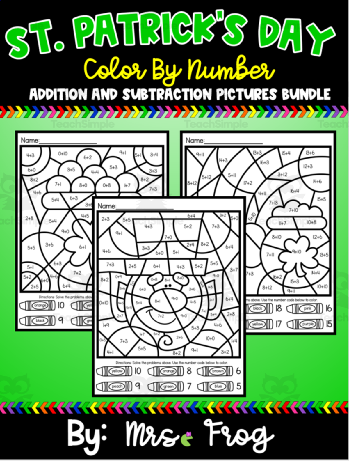 An educational teaching resource from Mrs. Frog entitled St. Patrick's Day Addition and Subtraction Pictures Bundle downloadable at Teach Simple.