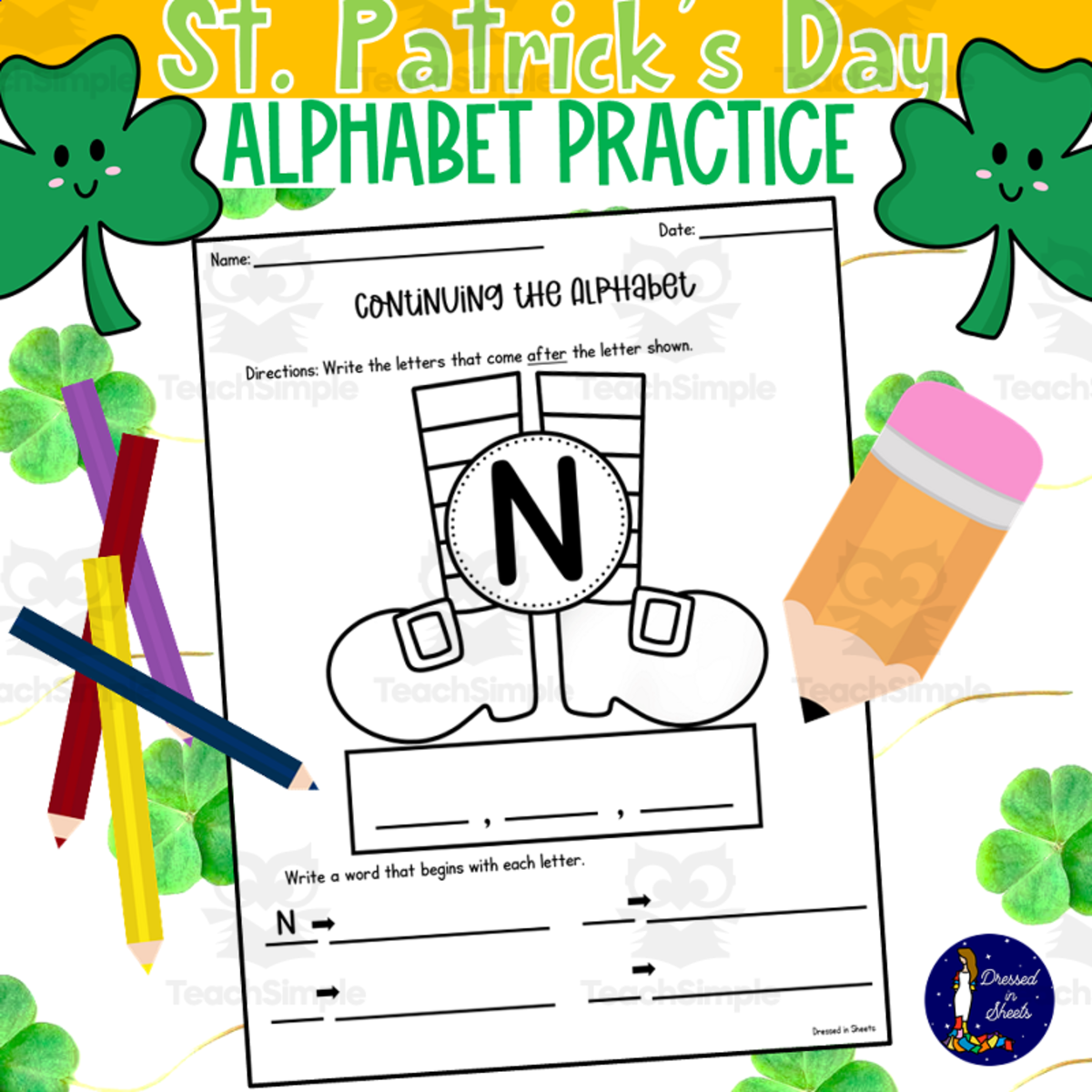 An educational teaching resource from Soumara Siddiqui entitled St. Patrick's Day Alphabet Practice downloadable at Teach Simple.