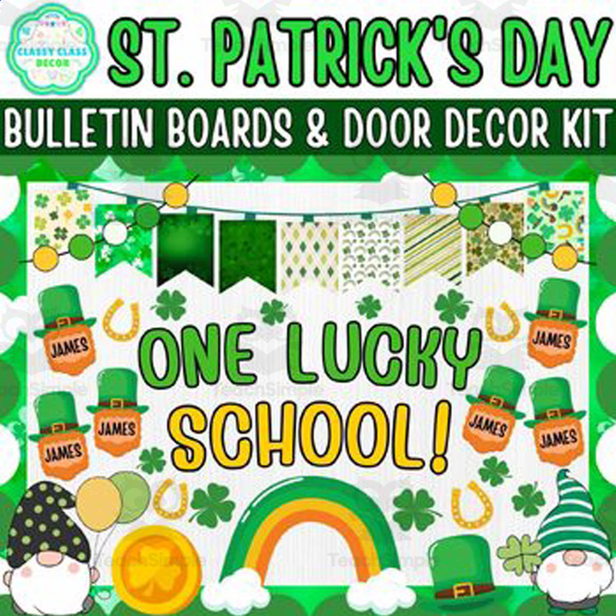 An educational teaching resource from Classy Class Decor entitled St. Patrick's Day Bulletin Board & Door Decor Kit: One Lucky School downloadable at Teach Simple.