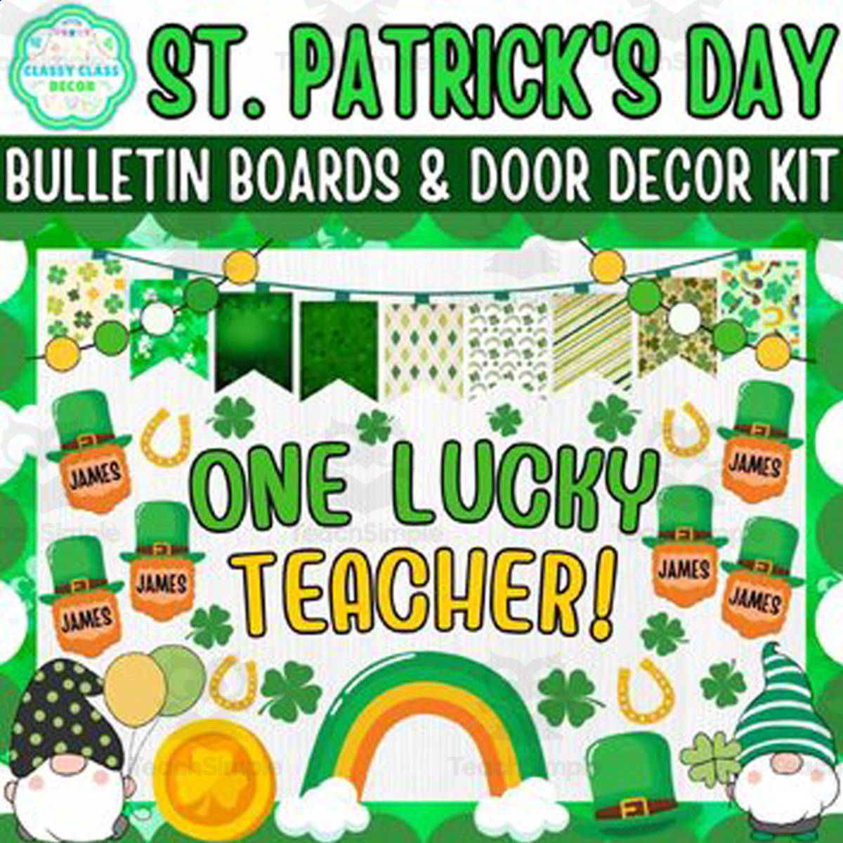 An educational teaching resource from Classy Class Decor entitled St. Patrick's Day Bulletin Board & Door Decor Kit: One Lucky Teacher! downloadable at Teach Simple.