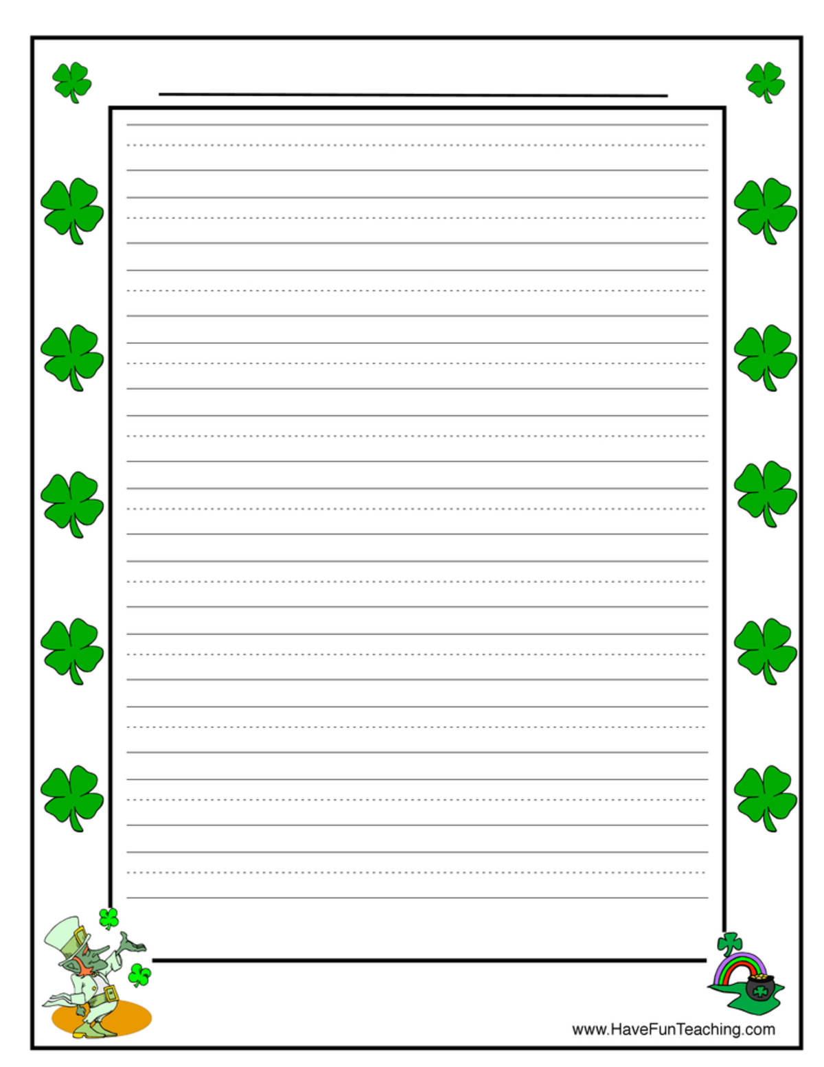 An educational teaching resource from Have Fun Teaching entitled St. Patrick's Day Clovers Writing Paper downloadable at Teach Simple.