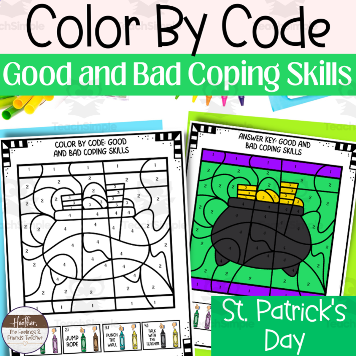 An educational teaching resource from The Feelings and Friends Teacher entitled St. Patrick's Day Color By Code: Good and Bad Coping Skills Activity downloadable at Teach Simple.