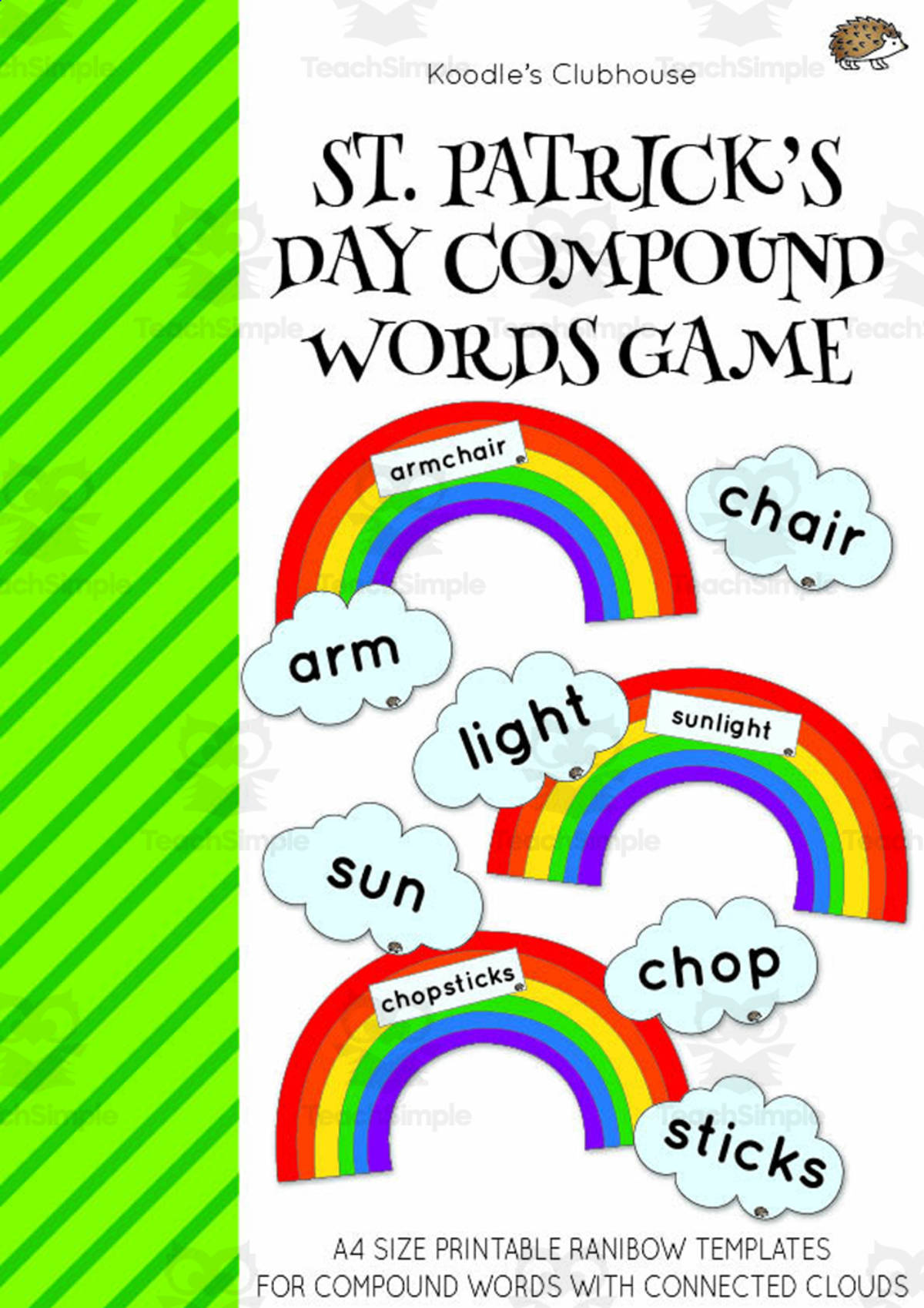 An educational teaching resource from Koodles Clubhouse entitled St. Patrick's Day Compound Words Rainbow Game downloadable at Teach Simple.