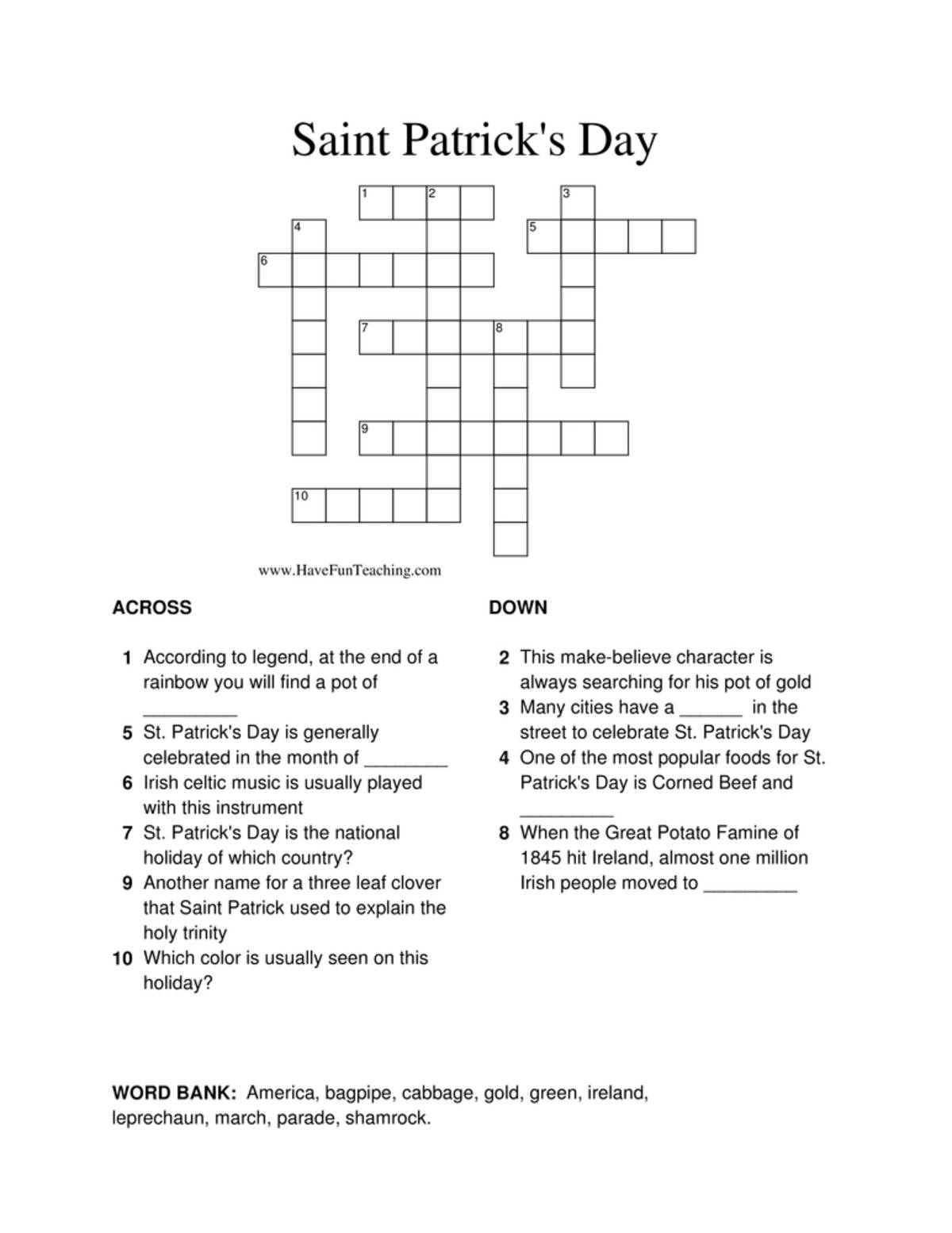 An educational teaching resource from Have Fun Teaching entitled St. Patrick's Day Crossword Puzzle Worksheet downloadable at Teach Simple.
