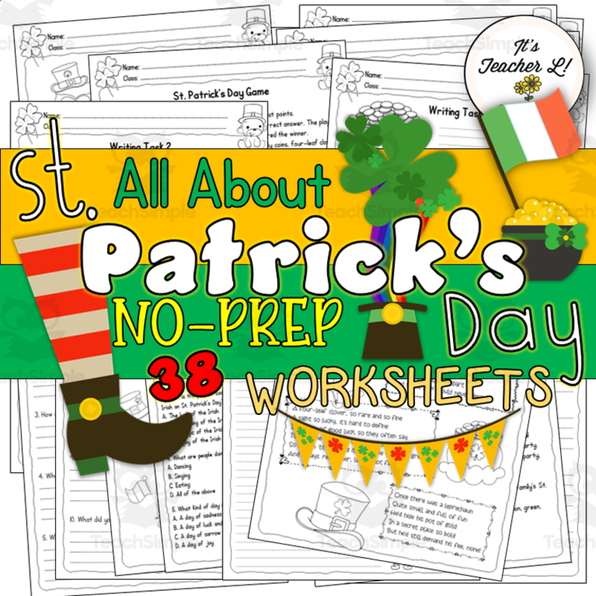 An educational teaching resource from It's Teacher L entitled St. Patrick's Day ELA No-Prep Worksheets downloadable at Teach Simple.