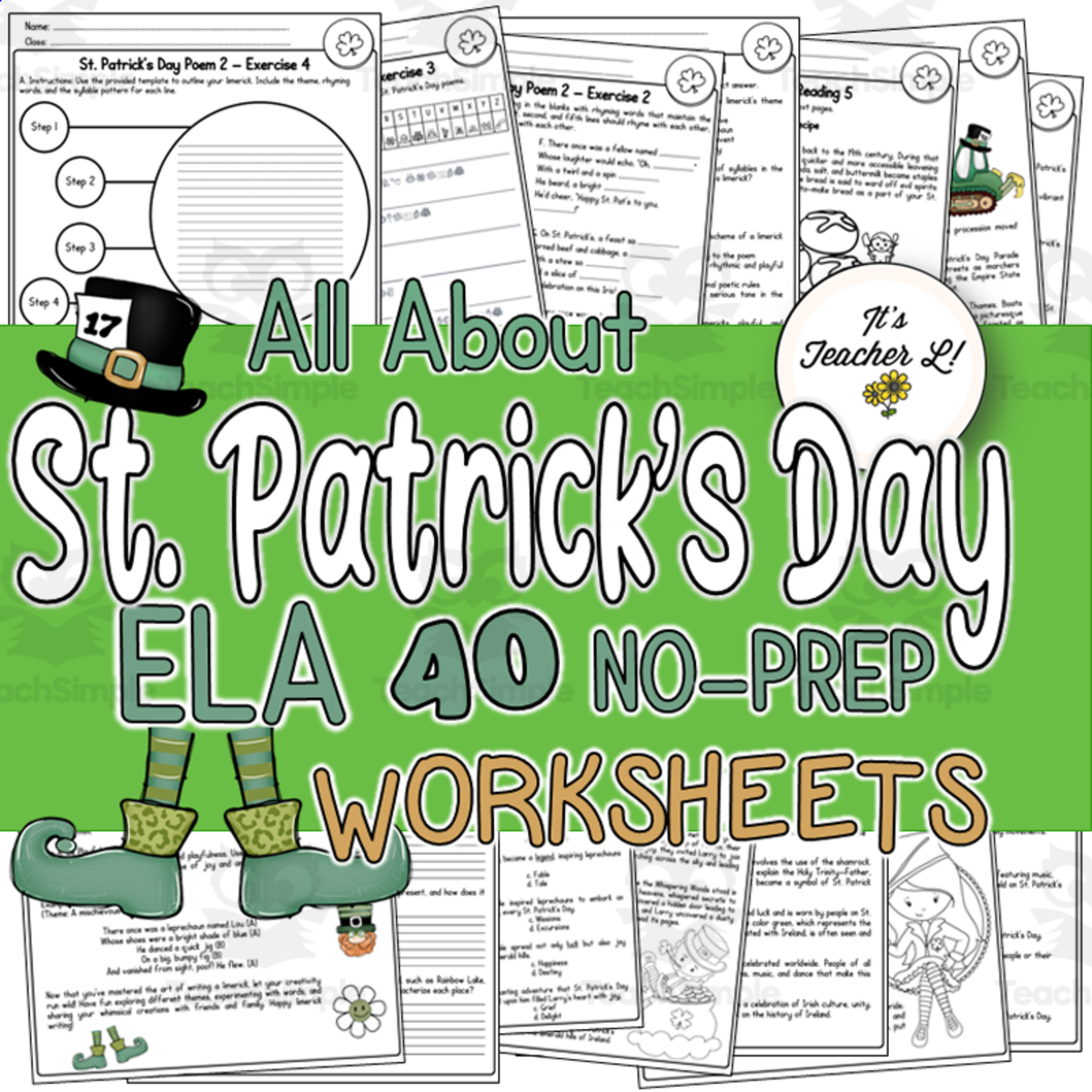 An educational teaching resource from It's Teacher L entitled St. Patrick's Day ELA Worksheets (4th|5th|6th) downloadable at Teach Simple.