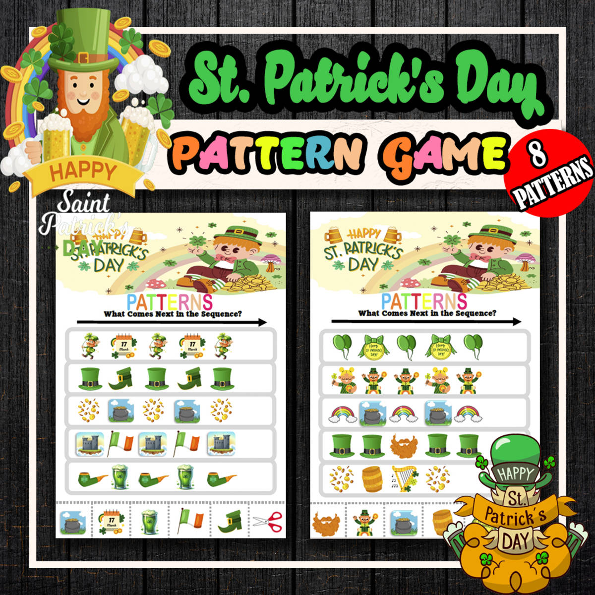 An educational teaching resource from Bambolina55 entitled St Patrick's Day Finish the Pattern Worksheets Activity Puzzles downloadable at Teach Simple.