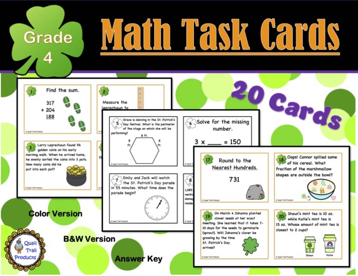 An educational teaching resource from Quail Trail Products entitled St. Patrick's Day Grade 4 Math Task Cards downloadable at Teach Simple.