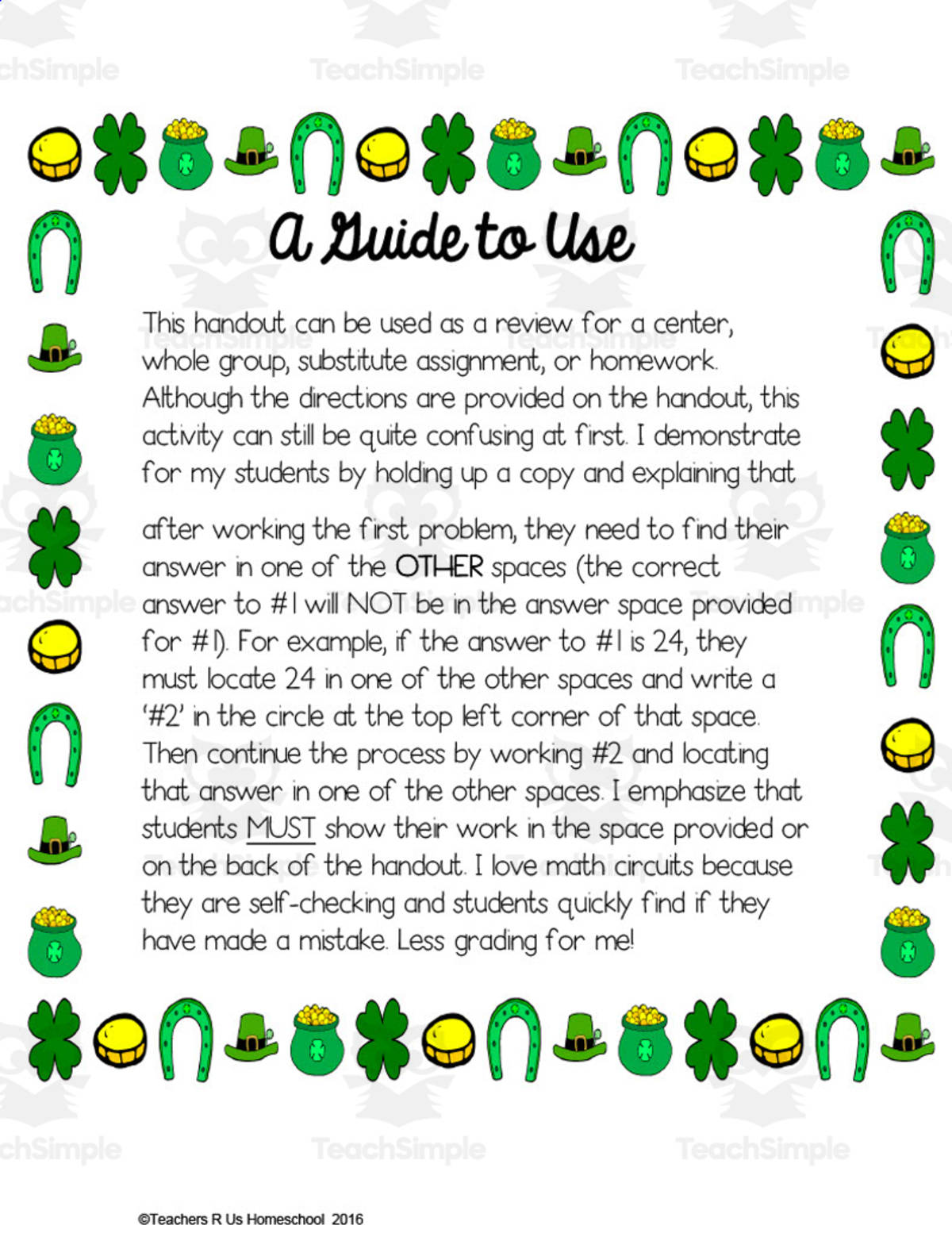 An educational teaching resource from Teachers R Us Homeschool entitled St. Patrick's Day Math Circuit downloadable at Teach Simple.