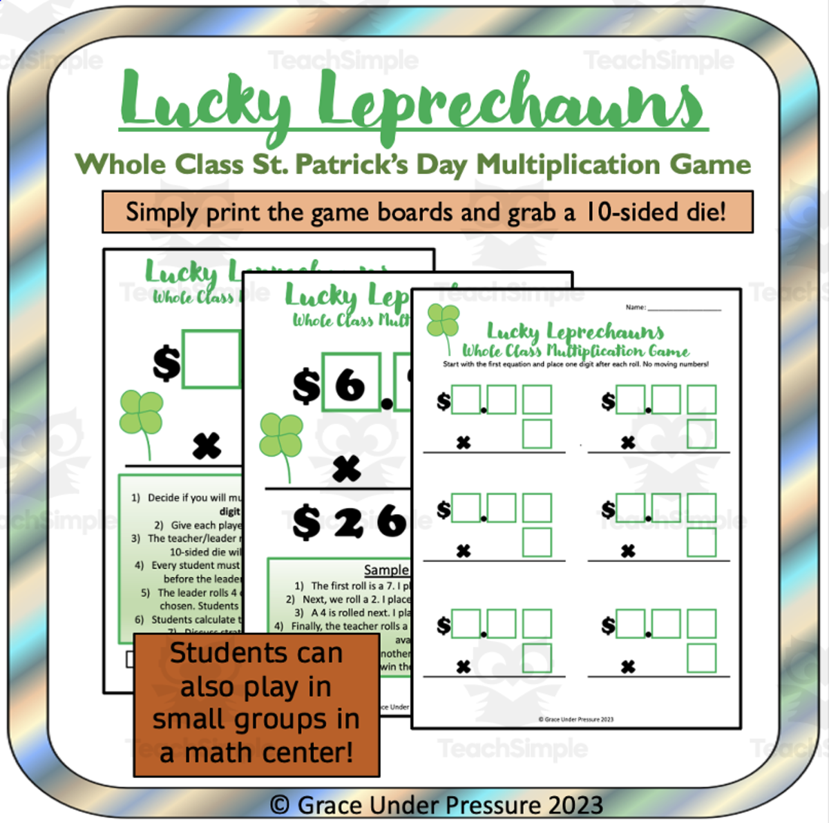 An educational teaching resource from Grace Under Pressure entitled St. Patrick's Day Math Game: Multiplication Whole Class Jackpot Game downloadable at Teach Simple.