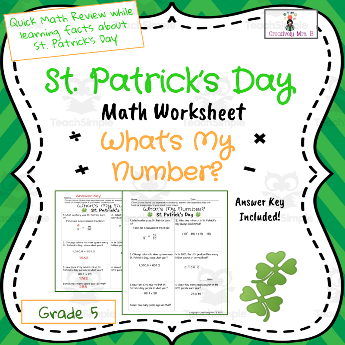 An educational teaching resource from Creatively Mrs. B entitled St. Patrick's Day Math Trivia Worksheet downloadable at Teach Simple.
