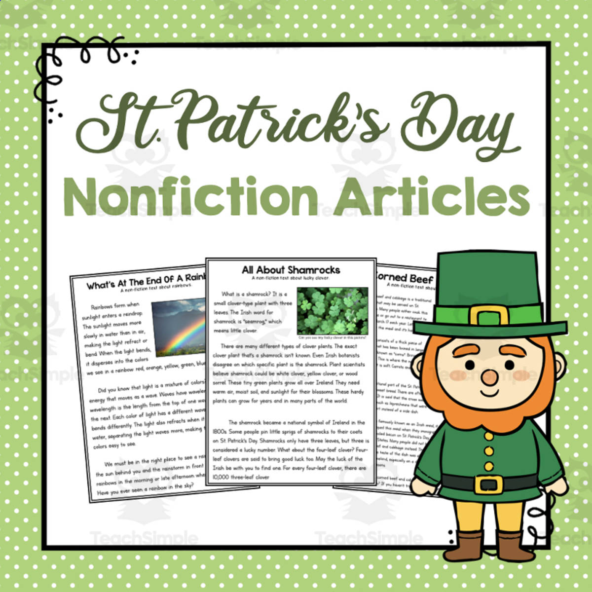 An educational teaching resource from Simply Schoolgirl entitled St. Patrick's Day Nonfiction Articles downloadable at Teach Simple.