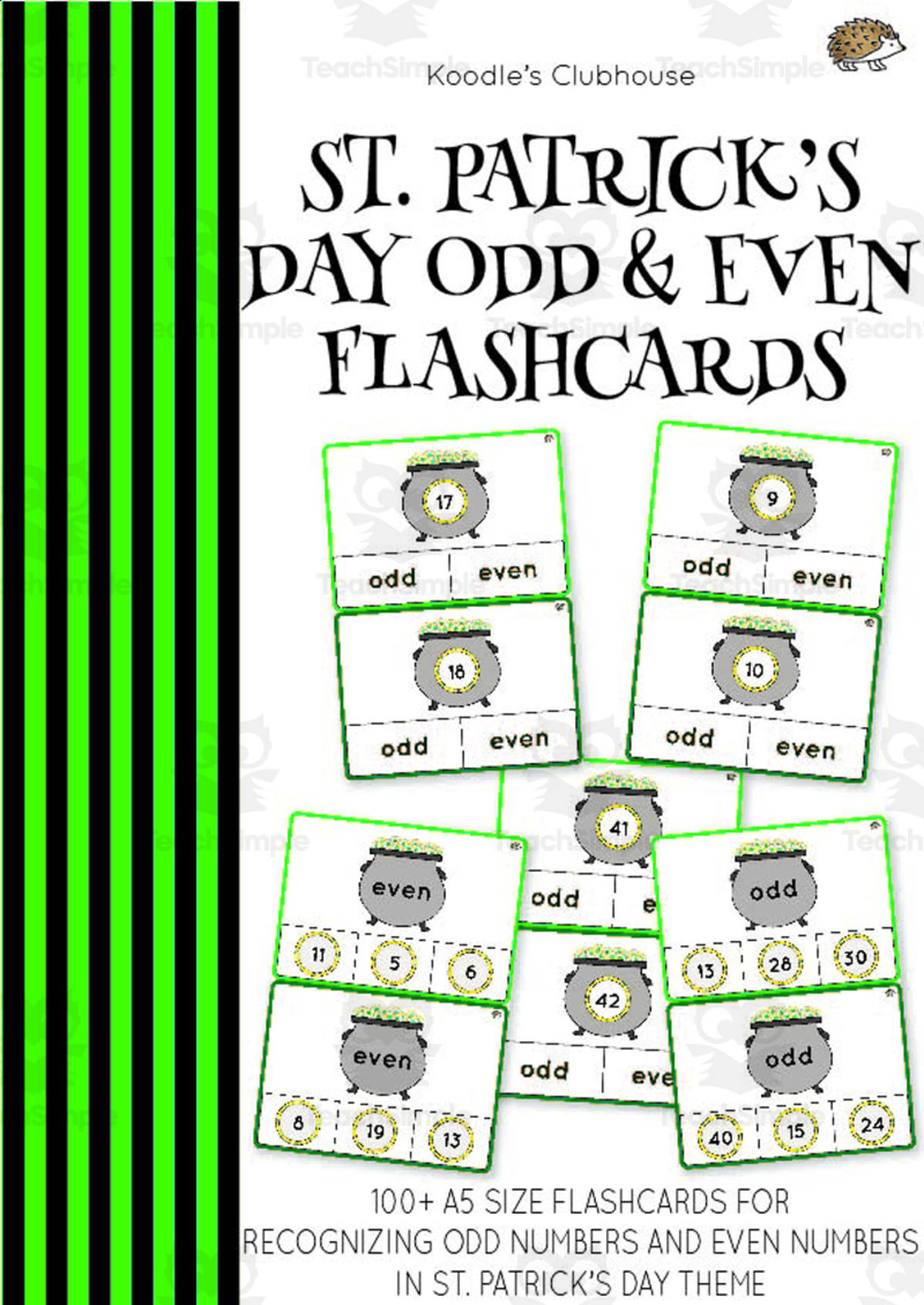 An educational teaching resource from Koodles Clubhouse entitled St. Patrick's Day Odd and Even Flashcards downloadable at Teach Simple.