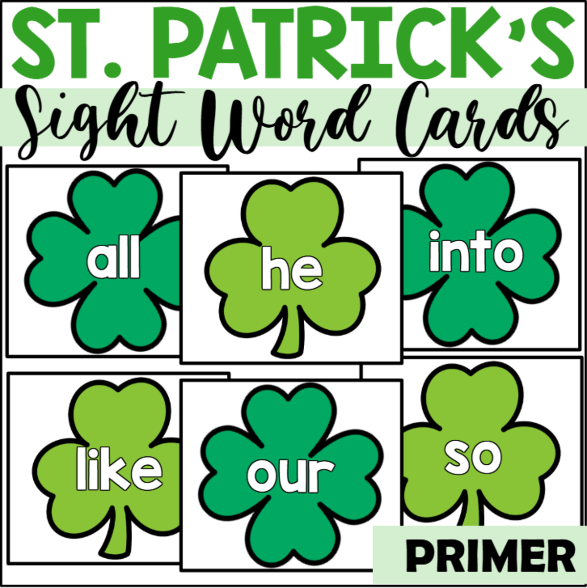 An educational teaching resource from The Connett Connection entitled St. Patrick's Day Primer Sight Word Cards downloadable at Teach Simple.