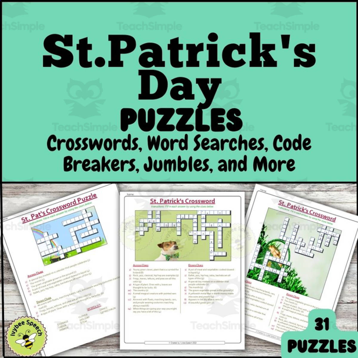 An educational teaching resource from Ivybee Speech entitled St. Patrick's Day Puzzles- Crosswords, Word Searches, Codebreakers, Jumbles, and More downloadable at Teach Simple.