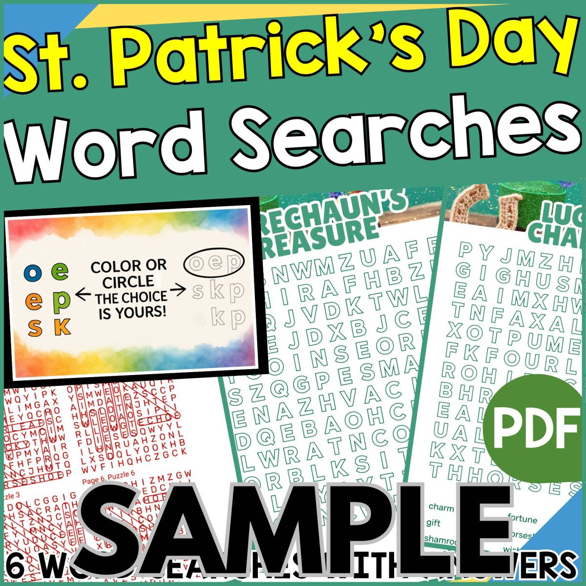 An educational teaching resource from Cored Education entitled St Patrick's Day Word Searches: 1 Page Sample (PDF) downloadable at Teach Simple.