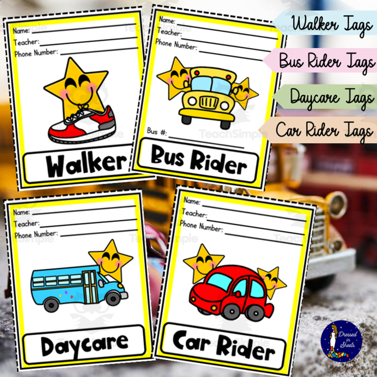 An educational teaching resource from Soumara Siddiqui entitled Star Emoji Walker Car Rider Bus Rider Tags downloadable at Teach Simple.