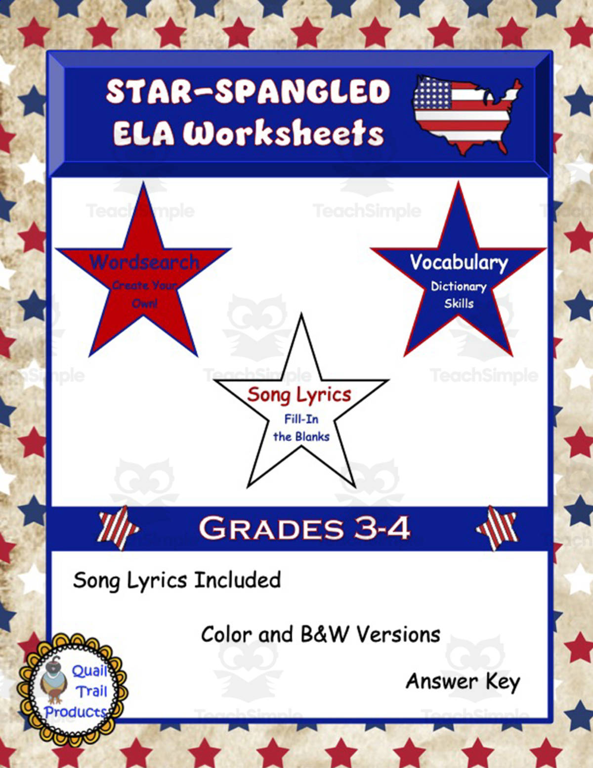An educational teaching resource from Quail Trail Products entitled Star-Spangled ELA Worksheets downloadable at Teach Simple.