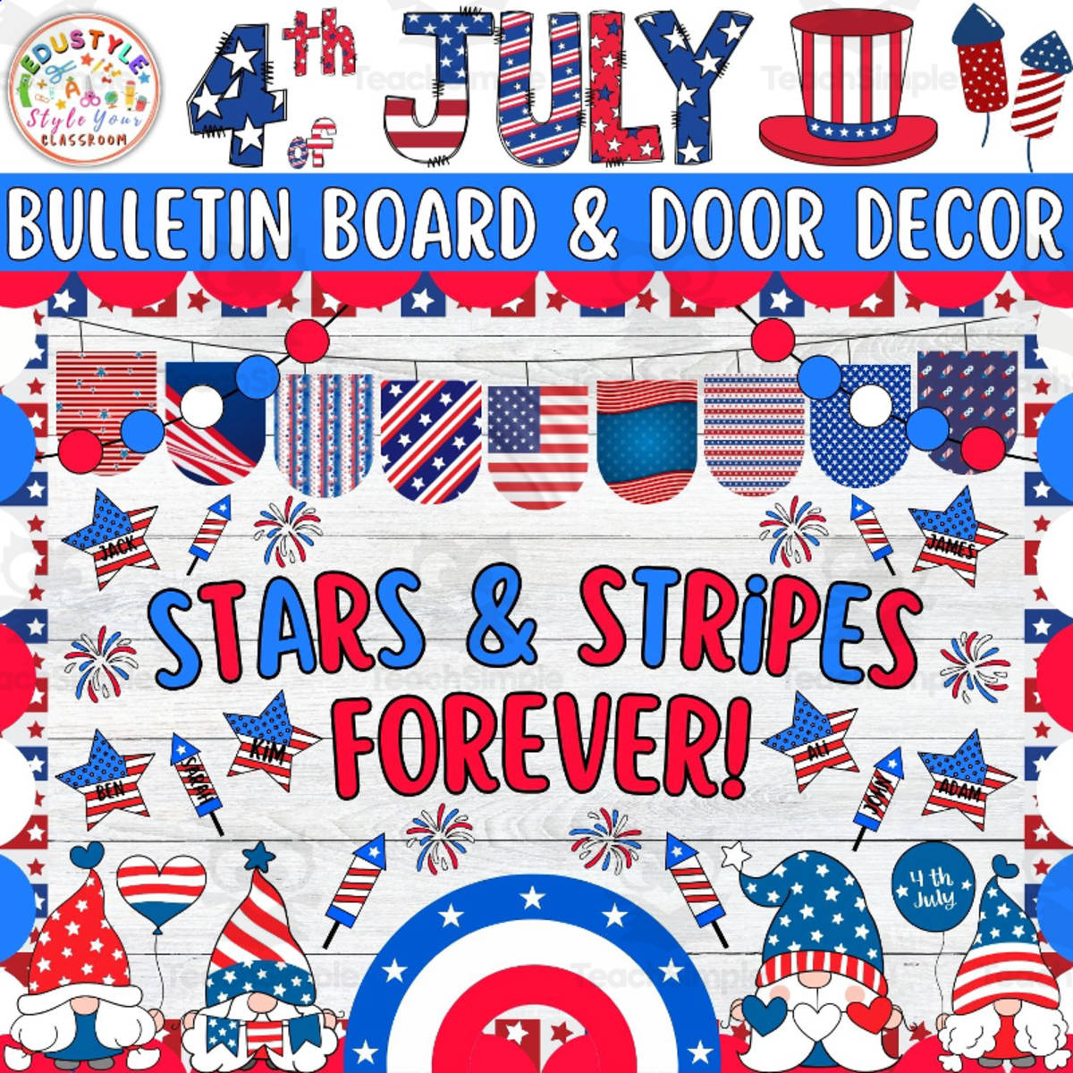 An educational teaching resource from Style Your Classroom entitled Stars & Stripes: Independence Day Bulletin Board And Door Decor Kit downloadable at Teach Simple.