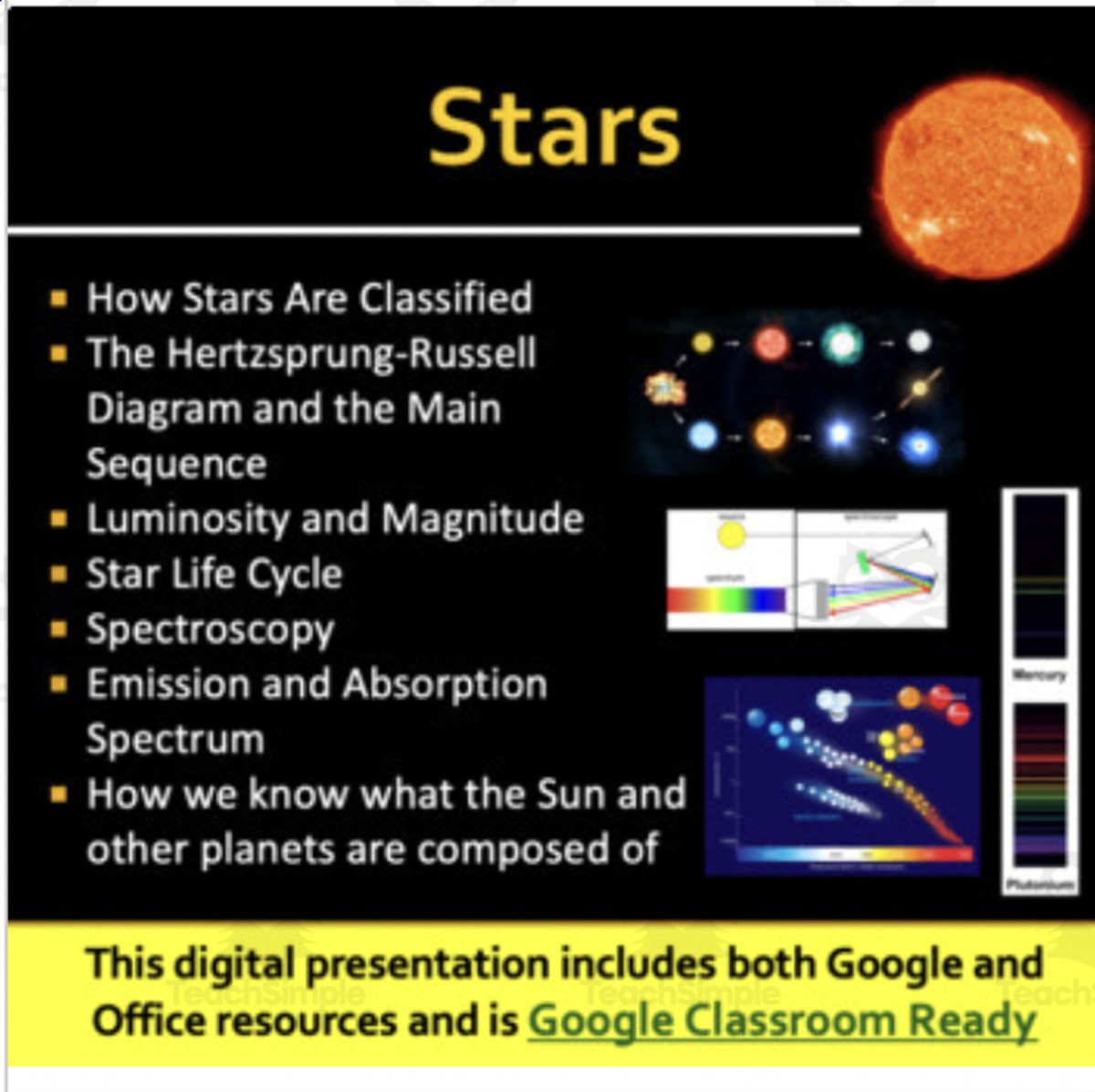An educational teaching resource from Teach With Fergy entitled Stars - Classification and Spectroscopy - Google Slides and PowerPoint downloadable at Teach Simple.