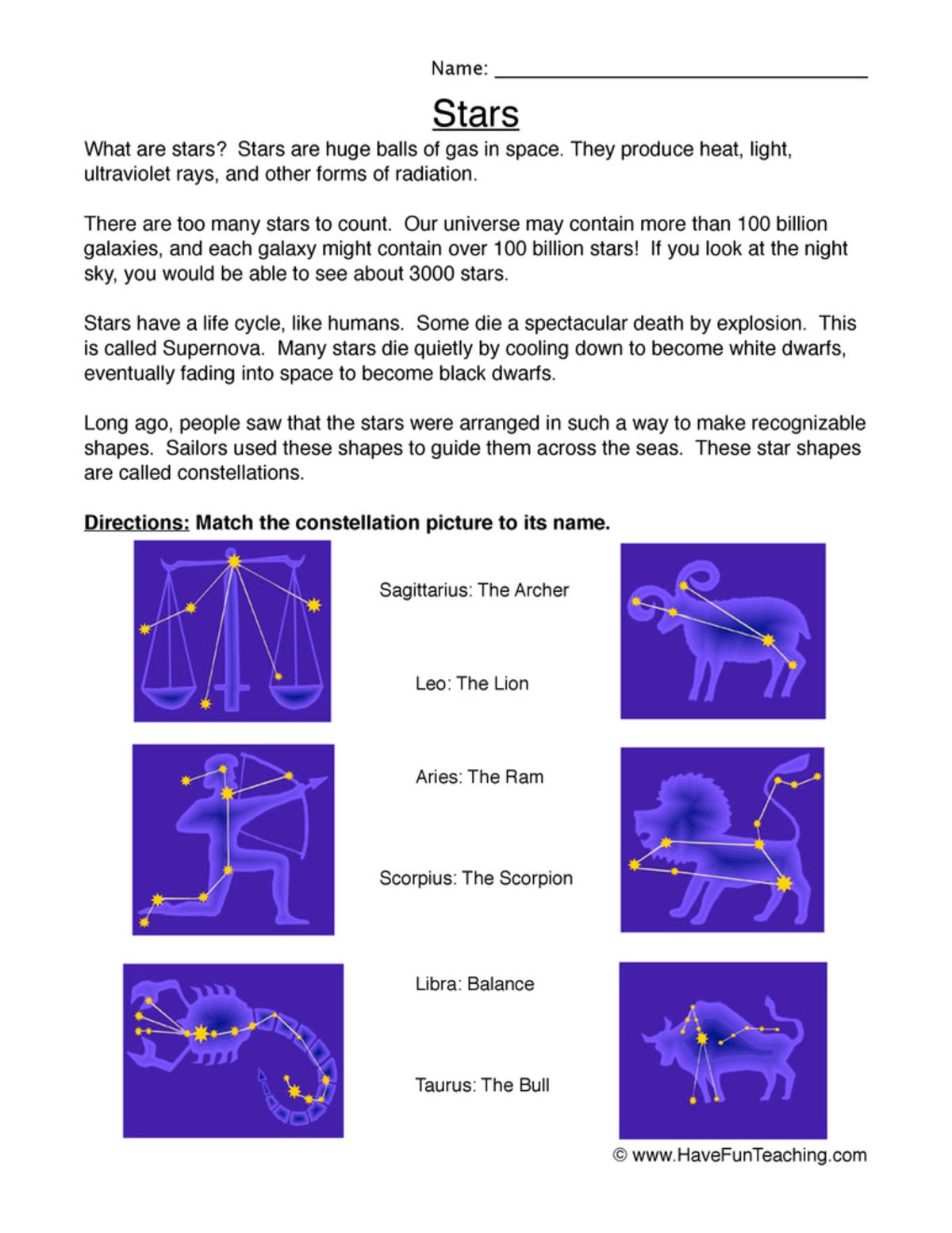 An educational teaching resource from Have Fun Teaching entitled Stars Constellations Worksheet downloadable at Teach Simple.