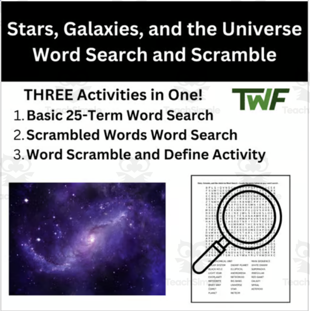 An educational teaching resource from Teach With Fergy entitled Stars, Galaxies, and the Universe Word Search and Scramble Activity downloadable at Teach Simple.