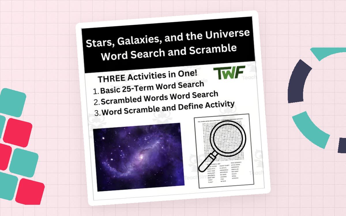 An educational teaching resource from Teach With Fergy entitled Stars, Galaxies, and the Universe Word Search and Scramble Activity downloadable at Teach Simple.