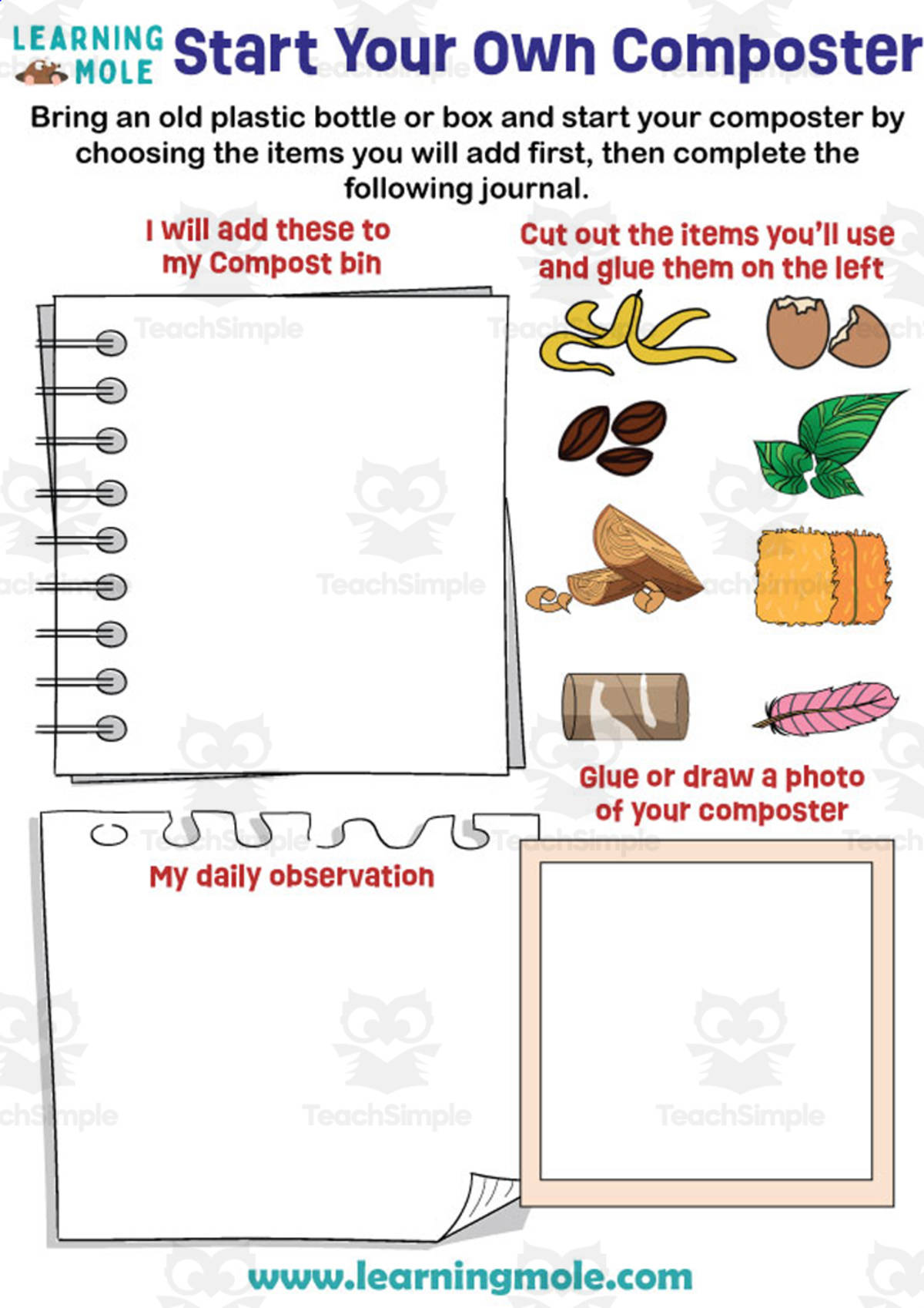 An educational teaching resource from Educational Voice entitled Start Your Own Composter Activity downloadable at Teach Simple.