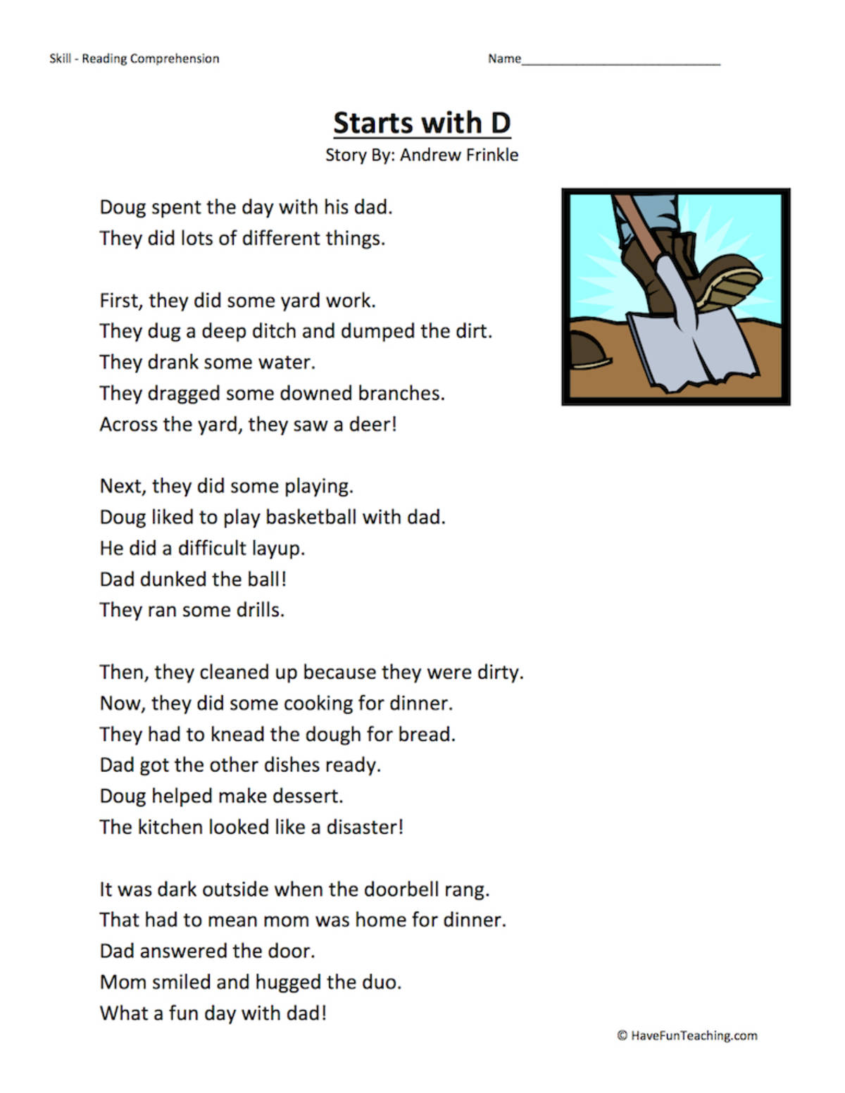 An educational teaching resource from Have Fun Teaching entitled Starts With D Reading Comprehension Worksheet downloadable at Teach Simple.